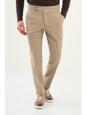Kareli Slim Fit Beli Tokalı Yün Erkek Pantolon