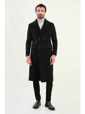 Düz Slim Fit Torba Cep Geniş Yaka Kruvaze Uzun Kaşe Erkek Kaban