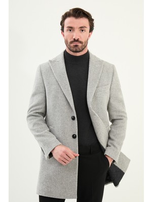 MCR Desenli Slim Fit Geniş Yaka Kaşe Erkek Kaban Gri Orta Kalınlık Uzun Kol