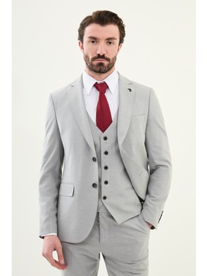 Düz Gri Slim Fit Mono Yaka Erkek Takım Elbise
