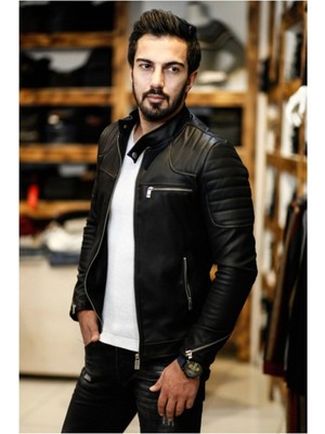 Hakiki Deri Siyah Üç Cepli Fermuarlı Erkek Deri Ceket