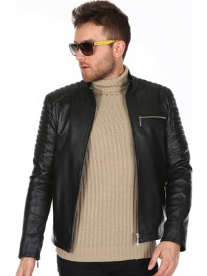 Hakiki Deri Siyah Üç Cepli Kol Işlemeli Erkek Deri Ceket