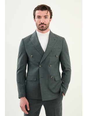 Çizgili Slim Fit Geniş Yaka Kruvaze Yün Erkek Takım Elbise