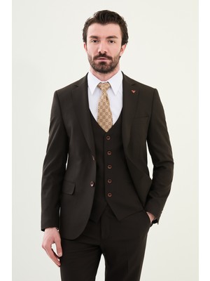 Düz Kahverengi Slim Fit Mono Yaka Erkek Takım Elbise