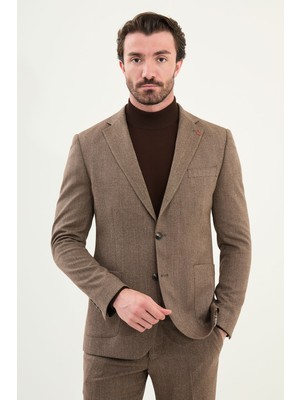 Kırçıllı Slim Fit Torba Cep Mono Yaka Yün Erkek Takım Elbise