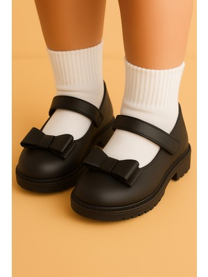 Kız Çocuk Babet Siyah Cilt Mat Rengi Kız Çocuk Babet Kız Çocuk Okul Ayakkabısı Kız Çocuk Ayakkabı