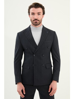 Çizgili Slim Fit Geniş Yaka Kruvaze Erkek Takım Elbise