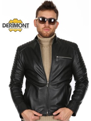 Hakiki Deri Siyah Üç Cepli Spor Erkek Deri Ceket