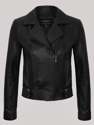 Deri Work Hakiki Deri Siyah Yakalı Yandan Fermuarlı Kadın Deri Ceket