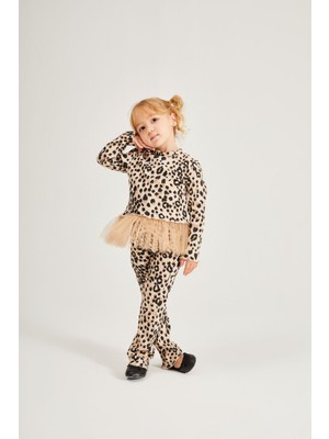 Kız Çocuk Leopar Desenli 2’li Takım – Tütü Detaylı Üst & Pantolon