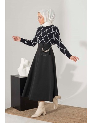 Kadın Siyah Scuba Kumaş Yüksek Bel Kloş Etek