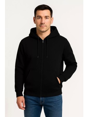 Erkek Üç Iplik Kapüşonlu Tam Fermuarlı Kanguru Çepli Sweatshirt Hoodie - Siyah