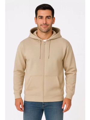 Erkek Üç Iplik Kapüşonlu Tam Fermuarlı Kanguru Çepli Sweatshirt Hoodie - Bej