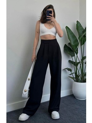 Kadın Yüksekbel Palazzo Geniş Paça Cırt Cırtlı Pantolon