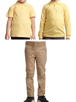 Ribana Bel Keten Çocuk Pantolonu + Polo Yaka T-Shirt, Bej, Unisex, Rahat ve Şık Kombin