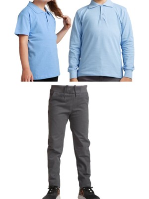 Unisex Çocuk Rahat Keten Pantolon ve Polo Yaka Kısa/uzun Kollu T-Shirt Seti, Gri Renk