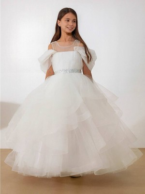 Kız Çocuk Tarlatan Lı Kemer Detaylı Düşük Kol Detay Kat Kat Abiye Gelinlik Özel Günler Için