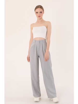 Kadın Gri Yüksek Bel Keten Palazzo Pantolon