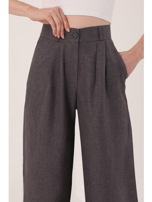 Hazel Kadın Antrasit Keten Palazzo Pantolon Yüksek Bel ile Günlük Kullanıma Uygun