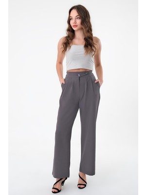 Hazel Kadın Antrasit Keten Karışımlı Kore Model Palazzo Pantolon