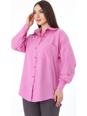 Tek Cepli Oversize Keten Gömlek- Pembe