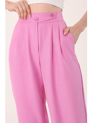 Hazel Kadın Pembe Keten Karışımlı Kore Model Palazzo Pantolon