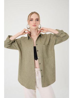 Tek Cepli Oversize Keten Gömlek- Haki