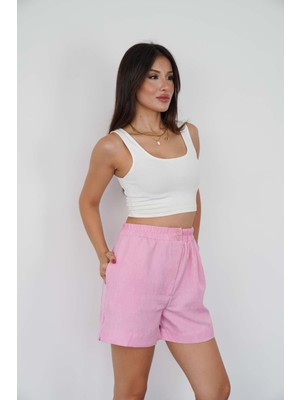 Kadın Pembe Beli Lastikli Keten Şort