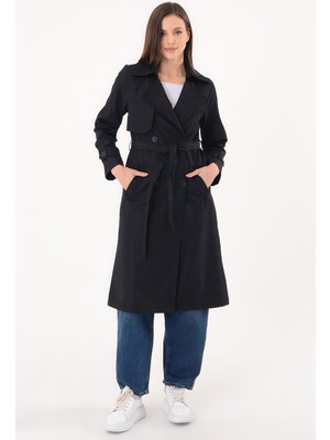 Kadın Kruvaze Yaka Siyah Trençkot