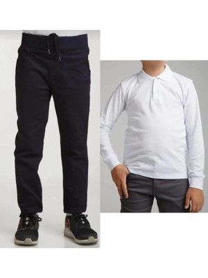 Ribana Bel Keten Çocuk Pantolonu + Polo Yaka Uzun Kol T-Shirt, Füme Siyah Renkli
