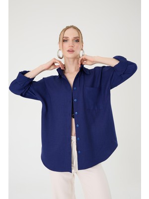 Tek Cepli Oversize Keten Gömlek- Lacivert