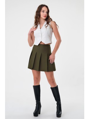 Haki Kadın Pileli Dokuma Mini Etek