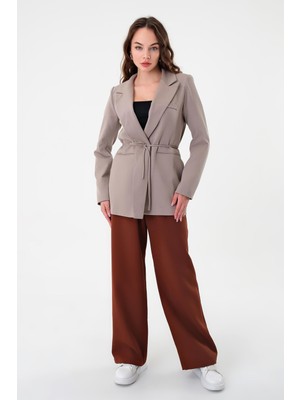 Hazel Kadın Gri Bel Bağlamalı Blazer Ceket Polyester Pamuk Normal Kalıp Trend Stil