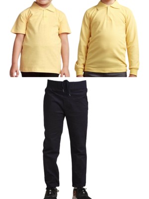 Unisex Çocuk Keten Pantolon ve Polo Yaka T-Shirt Seti, Siyah, Rahat ve Şık Tasarım