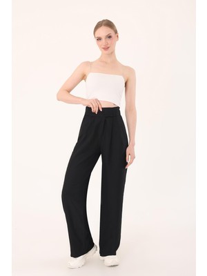 Kadın Siyah Cırtlı Keten Palazzo Pantolon