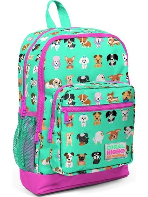 Su Yeşili Köpek Desenli Çok Bölmeli Çocuk Sırt Çantası