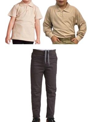 Unisex Çocuk Keten Pantolon ve Polo Yaka T-Shirt Seti, Gri, Rahat ve Şık Kombin