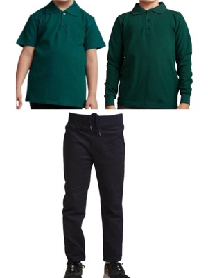 Ribana Bel Keten Okul Pantolonu ve Polo Yaka T-Shirt, Siyah, Unisex, Çocuk Için Uygun