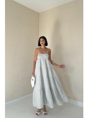 Mavi Askılı Parçalı Çizgili Müslin Elbise