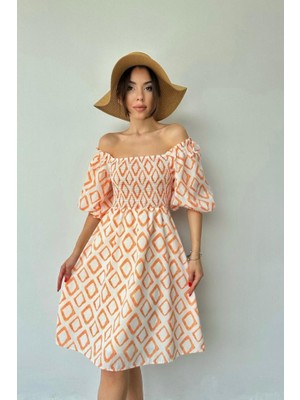Oranj Kare Desenli Yazlık Elbise