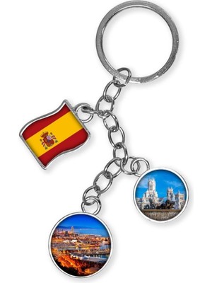 Ispanya Üçlü Epoksi Metal Çift Taraflı Damla Anahtarlık Spain