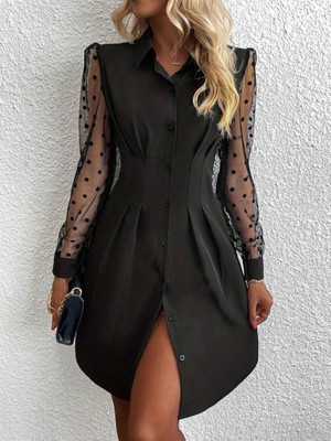 Kadın Uzun Puantiyeli Tül Kol Gömlek Yakalı Önden Düğmeli Ithal Krep Elbise