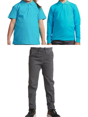 Unisex Çocuk Keten Pantolon ve Polo Yaka T-Shirt, Gri, Renkli ve Şık Kombinasyon