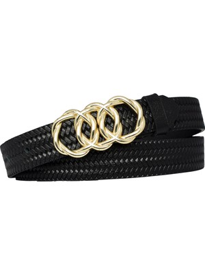 %100 Hakiki Deri, Gold Örgü Tokalı 3 cm Örgü Desenli Siyah Kadın Kemeri; Pantolon Kemeri=3cm-Kdn-45