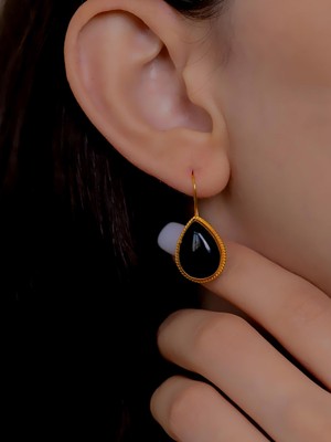 14 Ayar Altın Siyah Taşlı Damla Model El Işi Küpe
