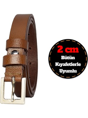 %100 Hakiki Deri, Gümüş Tokalı Ince 2 cm Açık Kahverengi Kadın Kemeri; Elbise, Pantolon Kemeri_kare