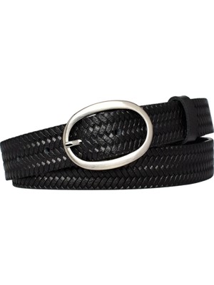 %100 Hakiki Deri Mat Gümüş Oval Tokalı Örgü Desenli Siyah Ince Kadın Kemeri, 3 Cm=3cm-Kdn-39-Nik.ov