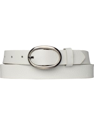 %100 Hakiki Deri Mat Gümüş Oval Tokalı Süt Beyaz Ince Kadın Kemeri, 3 Cm=3cm-Kdn-39-Nik.ov