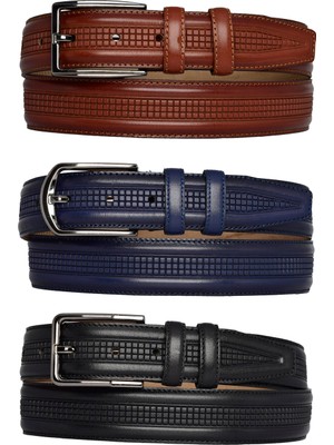%100 Hakiki Deri, 3'lü Set Siyah, Lacivert, Kızıl Taba Dikişli, Kumaş Pantolon Kemeri 3.5 Cm_ortabas