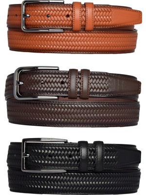 %100 Hakiki Deri, 3'lü Set Siyah, Koyu Kahve, Açık Taba, Örgü Baskılı Kumaş Pant. Kemeri 3.5 Cm_örgü